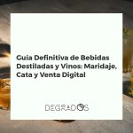 Bodegón elegante con botellas de destilados y vino, copas, tablet mostrando una tienda online y notas de cata