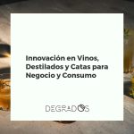 Mesa de cata moderna con vinos, destilados, copas innovadoras y expertos degustando. Ambiente profesional y atractivo.