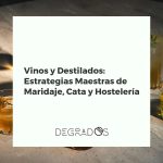 Sommelier experto dirige una cata de vinos y destilados, mostrando maridajes en un ambiente de hostelería elegante.