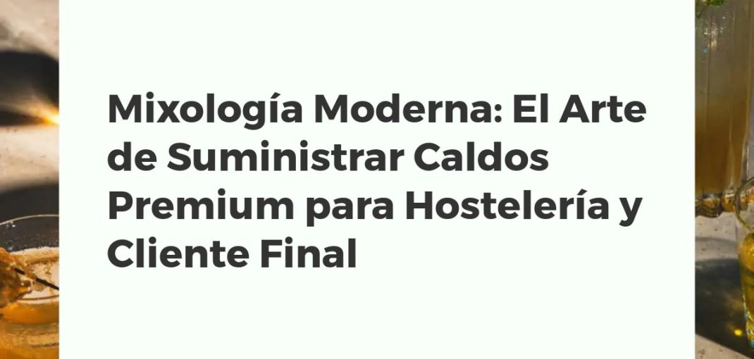 Mixólogo preparando un cóctel innovador con caldos premium en una barra moderna, destacando la creatividad.