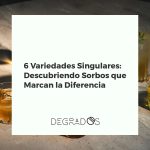 Colección de seis botellas de licores y destilados artesanales de formas y colores variados sobre una mesa de madera rústica.