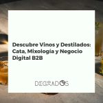 Colección de vinos, destilados, herramientas de mixología y tablet mostrando análisis de negocio digital B2B.
