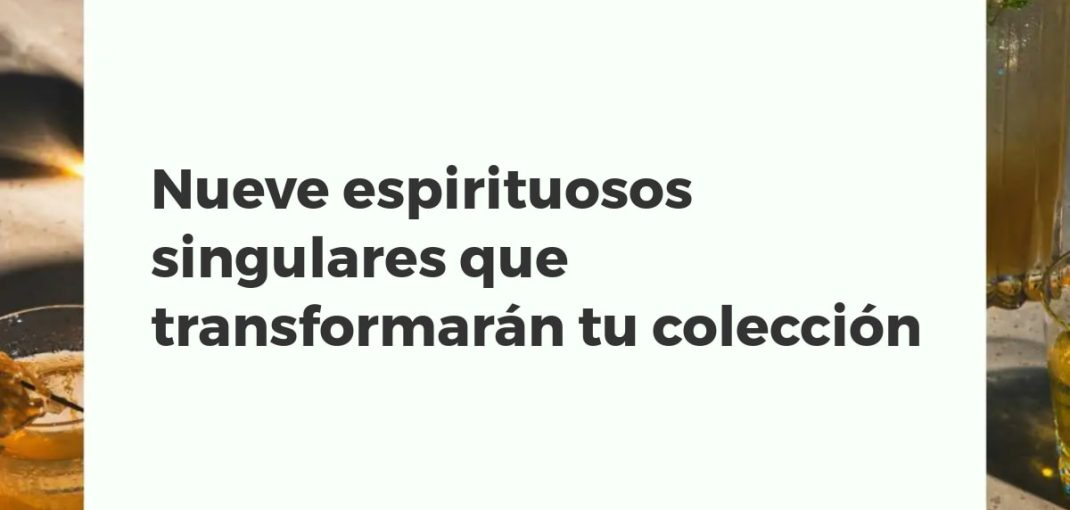Colección de nueve botellas de espirituosos singulares y exclusivos dispuestas elegantemente en una estantería de madera oscura