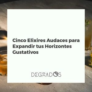 Cinco copas con elixires de diferentes colores y texturas sobre un fondo oscuro, representando bebidas audaces para expandir los horizontes gustativos.