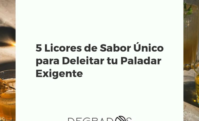 Cinco copas de diseño con licores de sabores únicos y colores distintos, alineadas sobre una barra de bar con un fondo elegante y sofisticado