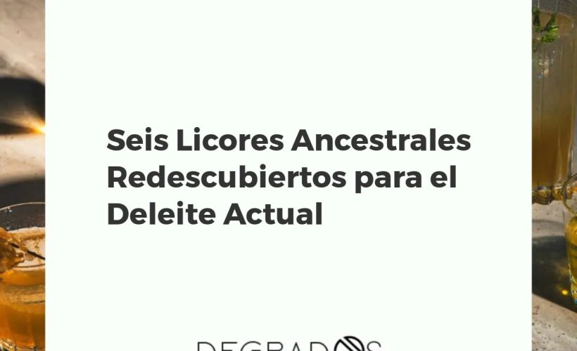 Bodegón con seis botellas de licores ancestrales redescubiertos, rodeadas de hierbas, especias y frutas sobre madera rústica.