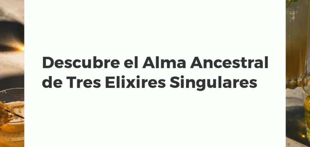 Bodegón con tres botellas antiguas de elixires singulares sobre una mesa de madera con hierbas, especias y un mapa antiguo.