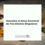 Bodegón con tres botellas antiguas de elixires singulares sobre una mesa de madera con hierbas, especias y un mapa antiguo.