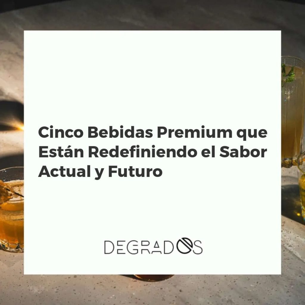 Collage de cinco bebidas premium innovadoras en copas elegantes, simbolizando el futuro de los licores y destilados de lujo.