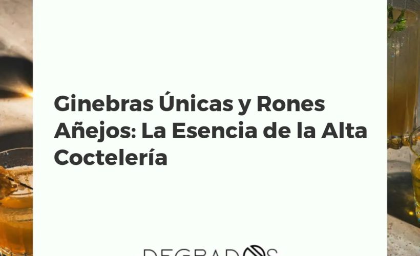 Elegante barra de coctelería con una copa de cóctel de ginebra y un vaso de ron añejo, simbolizando la sofisticación en la alta mixología.