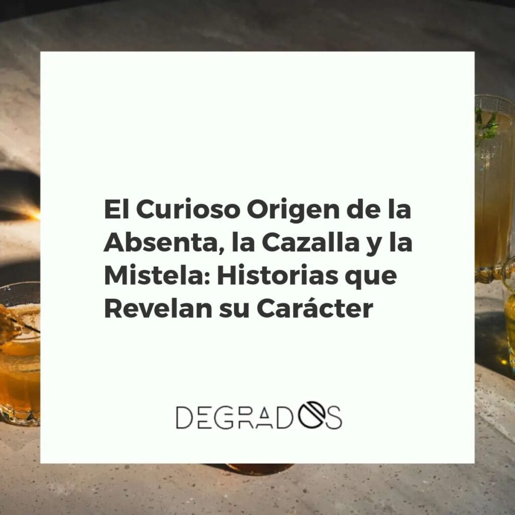 Botellas de absenta, cazalla y mistela que representan su origen histórico y carácter, junto a ingredientes botánicos clave