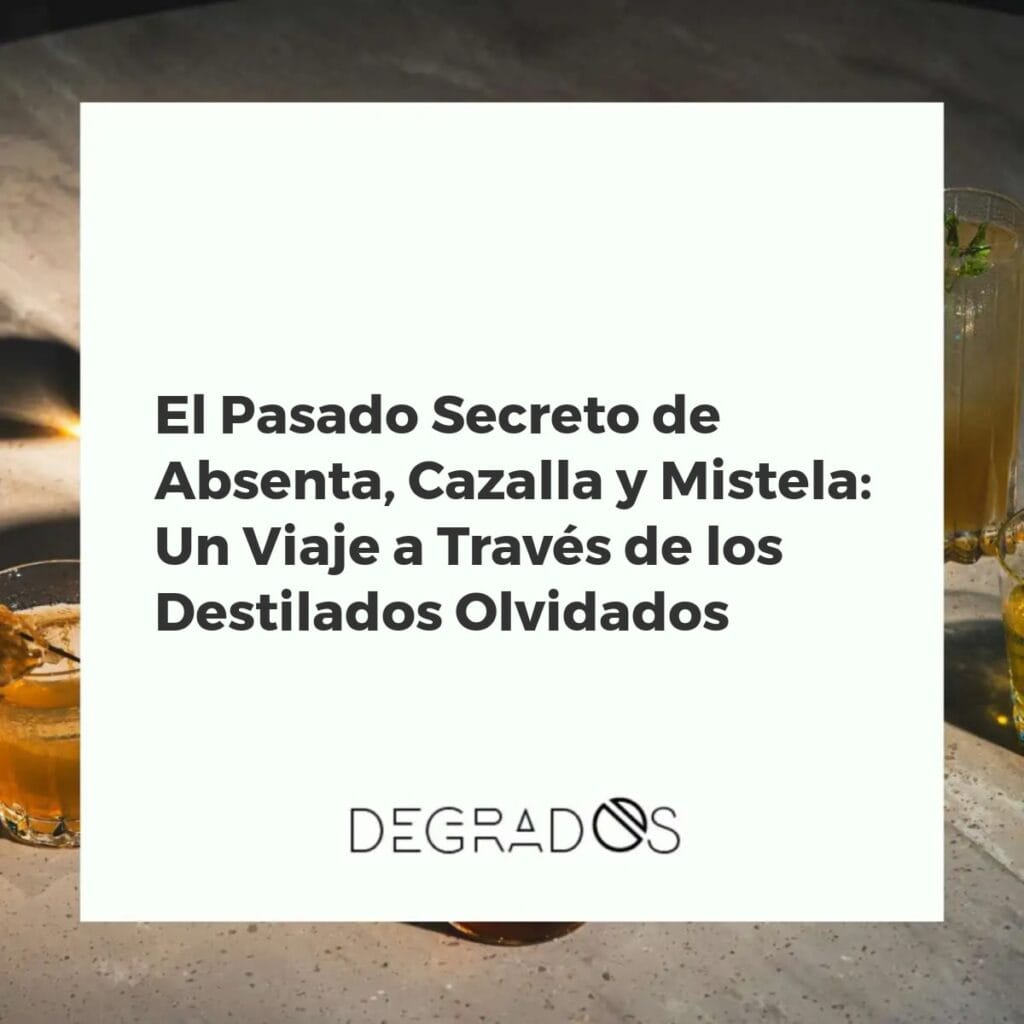 Tres botellas antiguas de absenta verde, cazalla transparente y mistela ámbar sobre una mesa rústica con hierbas aromáticas, evocando su historia secreta.
