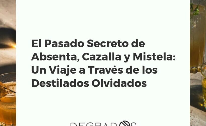 Tres botellas antiguas de absenta verde, cazalla transparente y mistela ámbar sobre una mesa rústica con hierbas aromáticas, evocando su historia secreta.