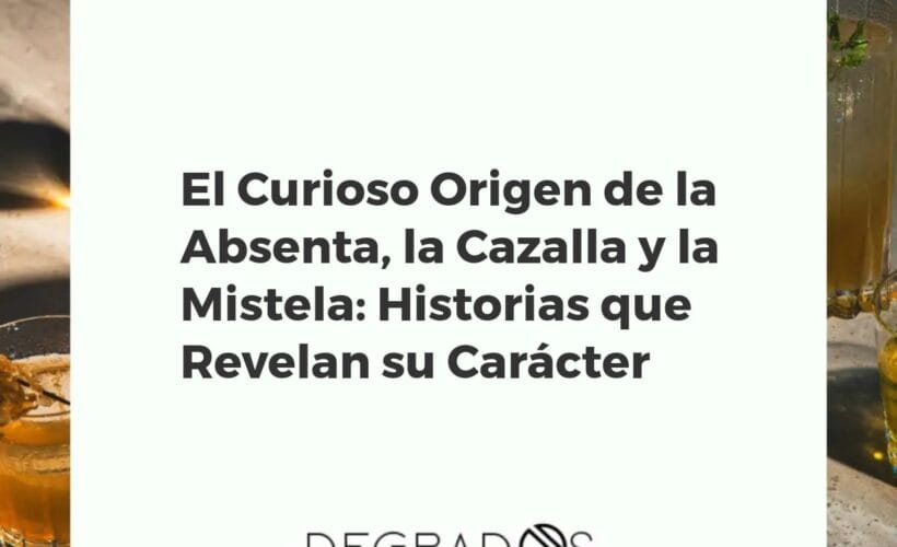 Botellas de absenta, cazalla y mistela que representan su origen histórico y carácter, junto a ingredientes botánicos clave