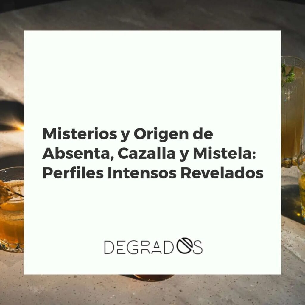 Botellas y copas de absenta, cazalla y mistela dispuestas artísticamente sobre una superficie oscura con hierbas aromáticas, representando sus misteriosos orígenes.