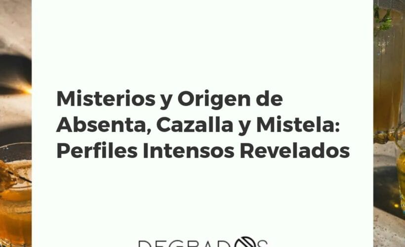 Botellas y copas de absenta, cazalla y mistela dispuestas artísticamente sobre una superficie oscura con hierbas aromáticas, representando sus misteriosos orígenes.