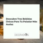 Tres copas con bebidas únicas: absenta verde brillante, herbero de color ámbar y café licor oscuro sobre una barra de madera.